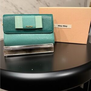 MIU MIU Wallet Bow Accent, Bifold, Fiocco Leather, Mint Green.